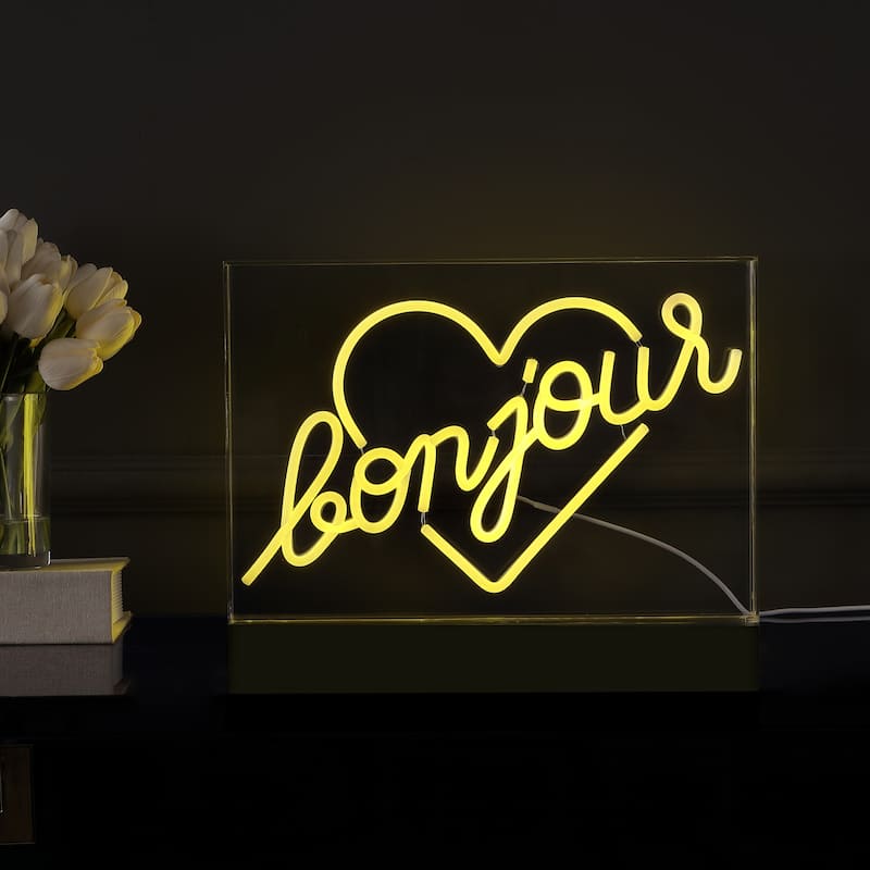 Bonjour Heart 15" X 10.3" Contemporary Glam Acrylic Box USB Operated LED Neon Light, Yellow by JONATHAN Y - 15" X 10.3"