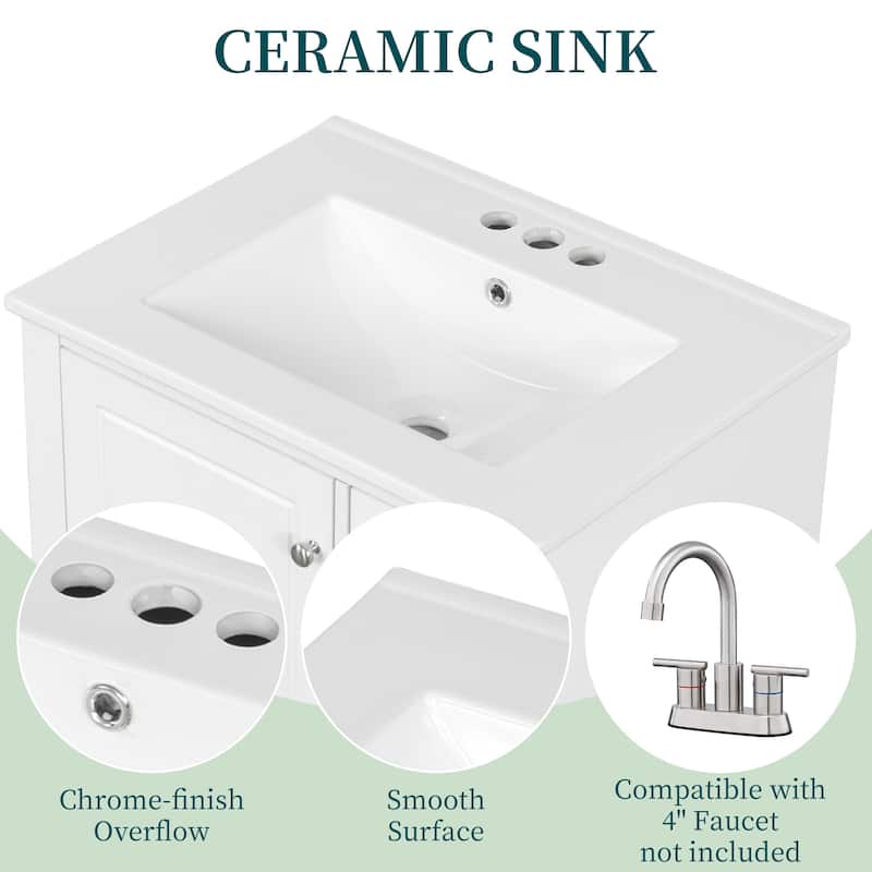 24" Bathroom Vanity with Sink, Freestanding Cabinet with Drawers and Shelves, Ceramic Top, MDF and Solid Wood