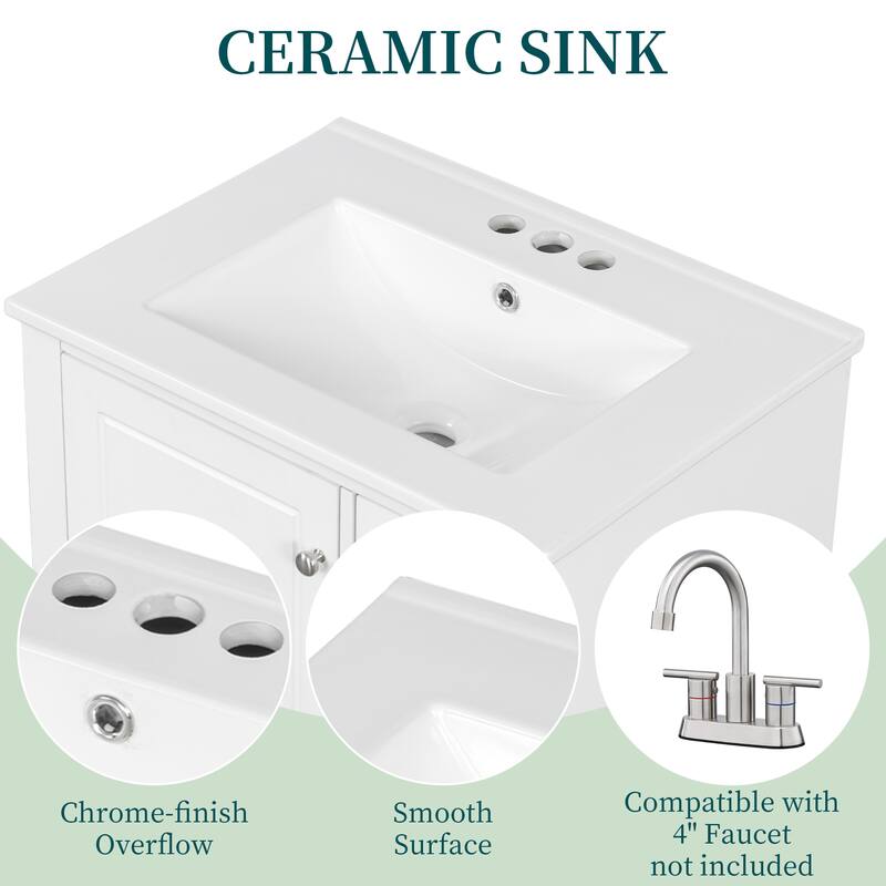 24" Freestanding Bathroom Vanity with Sink - Ceramic Top, Drawers & Shelves, MDF & Solid Wood Base, for Small Bathrooms