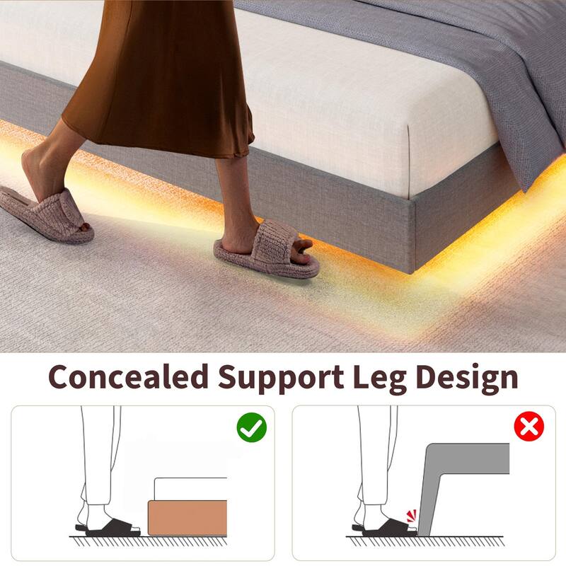 Full/Queen Floating Bed Frame with LED Lights & Charging Station, Upholstered Platform Beds with Storage Headboard
