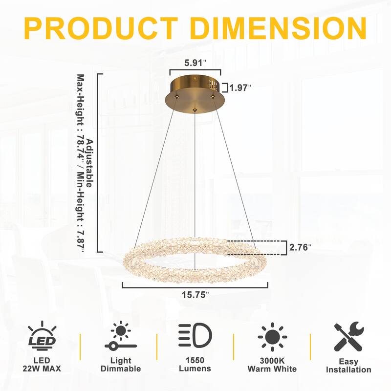 Modern Gold Crystal LED Chandelier, Dimmable Ring Light