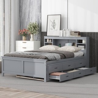 Full Size Platform Bed with Storage Headboard, USB, Twin Size Trundle and 3 Drawers Bunk Storage Bed for Kids Teens Adults, Gray