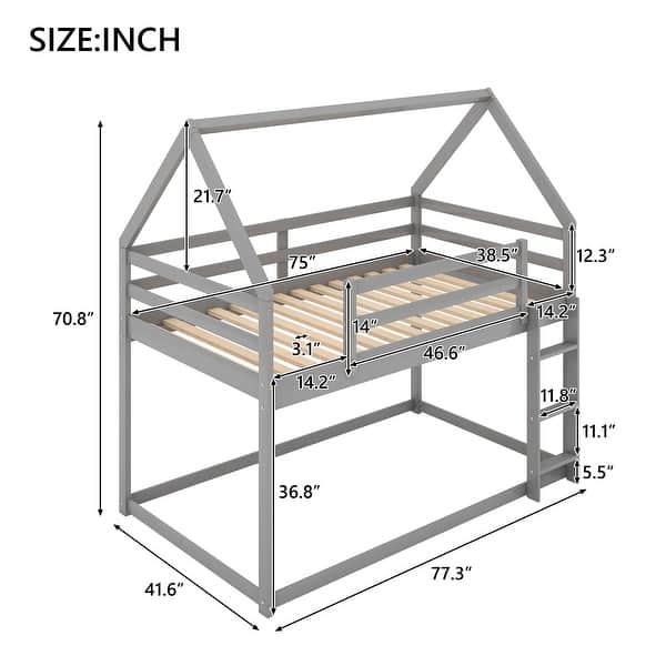 dimension image slide 1 of 2, Twin Low Bunk Bed with House Frame & Ladder - Durable Kids' Design