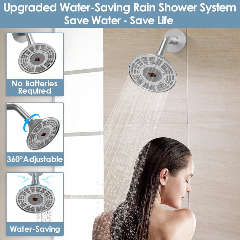 GRANDJOY 5 inch Wall Mount Shower Head with Tub Spout Shower Faucet Set Temperature Display Pressure Balanced Valve