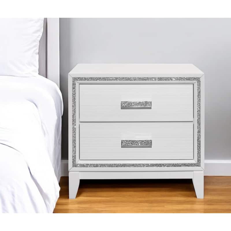 26" White Wooden Bedside Table Nightstand with 2 Drawers and Faux Crystal Knobs for Bedroom or Living Room