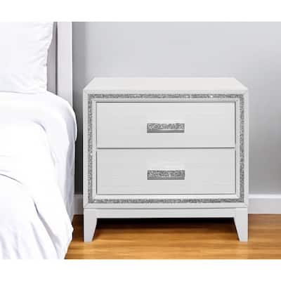 26" White Wooden Bedside Table Nightstand with 2 Drawers and Faux Crystal Knobs for Bedroom or Living Room