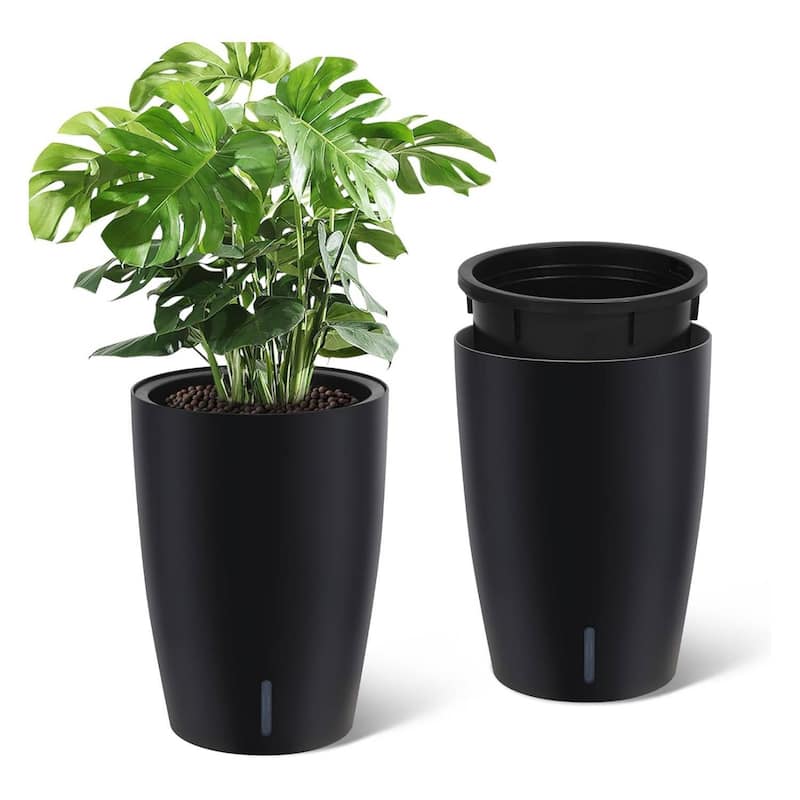 Set of 2 Tall 16" Self-Watering Planters, Flower Pots with Built-in Drainage - Black