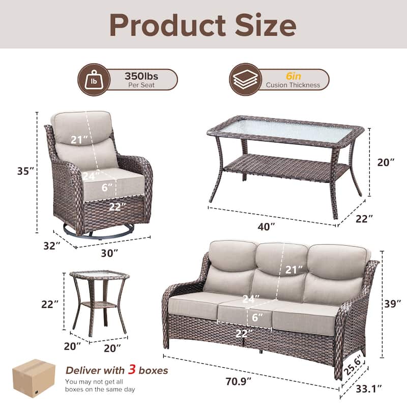 Gymojoy 5-Piece Patio Furniture Set with Swivel Glider Chairs, 6-Inch Ultra-Plush Cushions & Water-Resistant Olefin Fabric