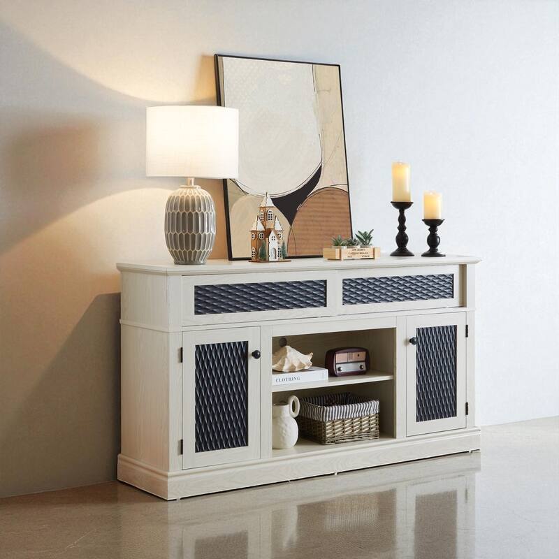 58.27" Embossed Pattern TV Stand for TVs up to 65", Sliding Door Media Console with Cabinets, Open Shelf, 8 Cable Cutouts