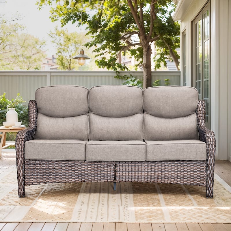 Outdoor Patio Sofa Swivel Chair with 6-Inch Thick Cushions Set - Brwon Wicker Beige Cushion - Only Sofa