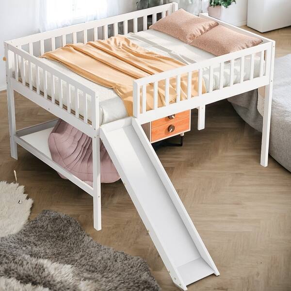 slide 2 of 15, Full Size Low Loft Bed with Ladder and Slide, Space-saving, White White