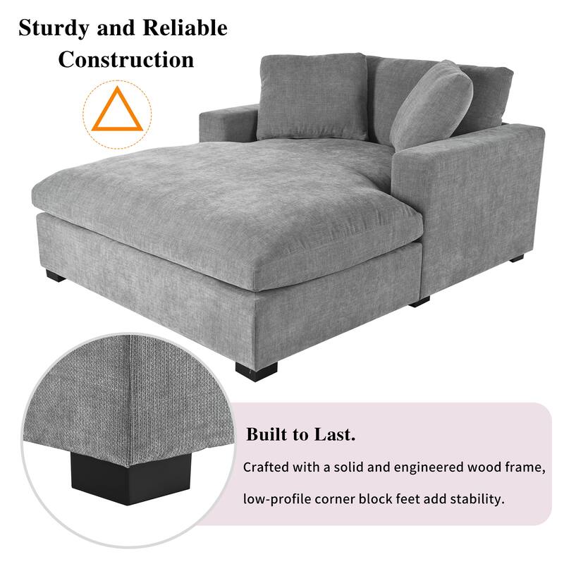 Gray Modern 53.5" Chaise Lounge Chair with Solid Wood Legs and Pillows for Living Room