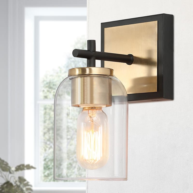 Modern 1-Light Black Gold Glass Wall Sconce Dimmable Bathroom Vanity Light - 4" L × 7.5" W × 10" H