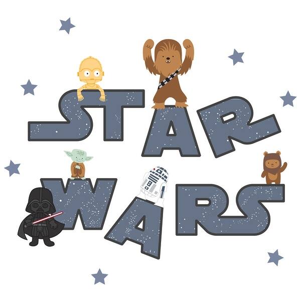slide 2 of 4, Lambs & Ivy Star Wars Logo Wall Decals w/ Yoda/R2D2/Darth Vader and more - Blue