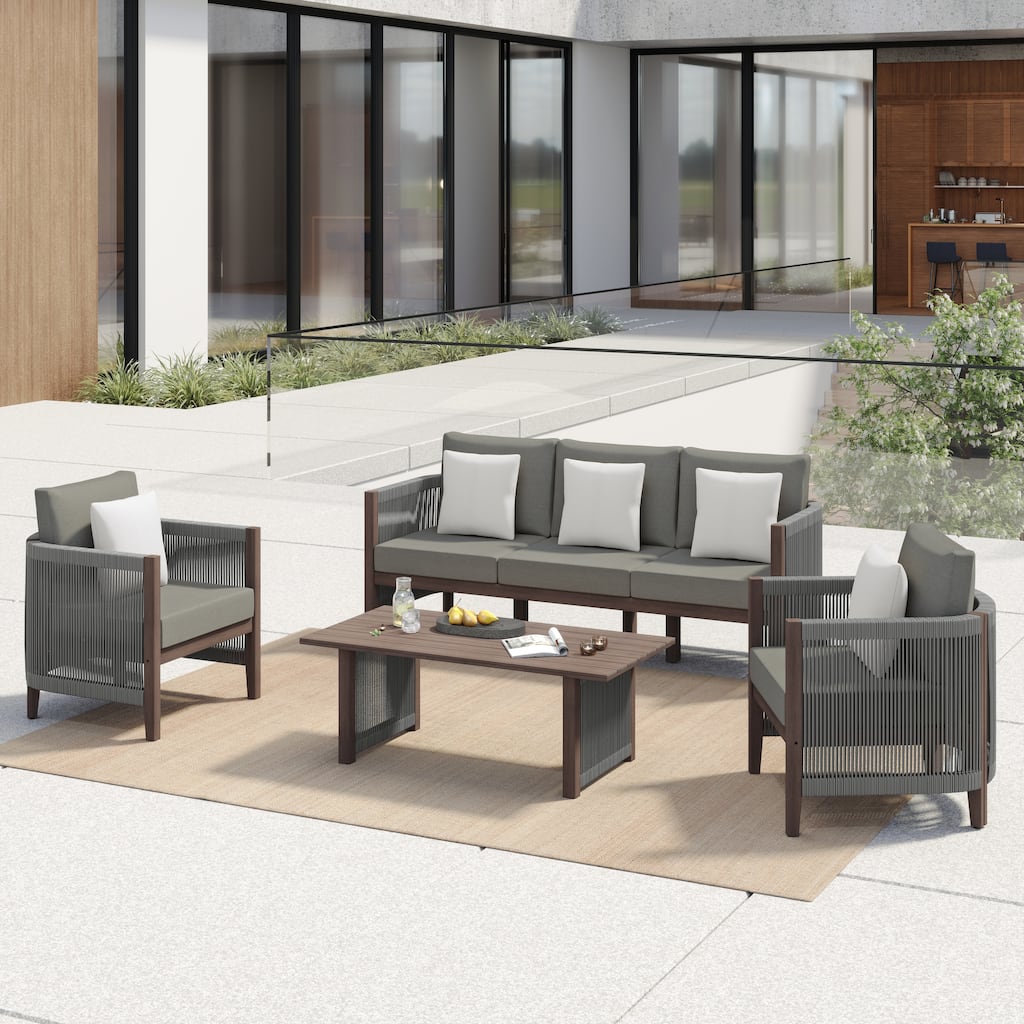 Corvus Iona 4-piece Patio Eucalyptus Wood and Rope Sofa Seating Set with Sunbrella Fabric
