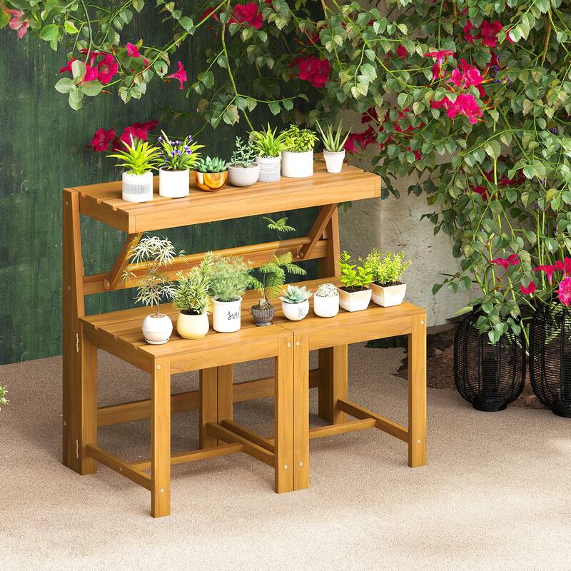 Gymax 3-in-1 Outdoor Acacia Wood Loveseat Bench Furnitur w/ Slatted