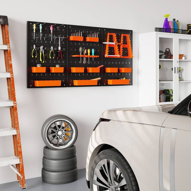 Gymax Pegboard Wall Organizer 9-Bin Parts Rack Organizer w/ Hammer