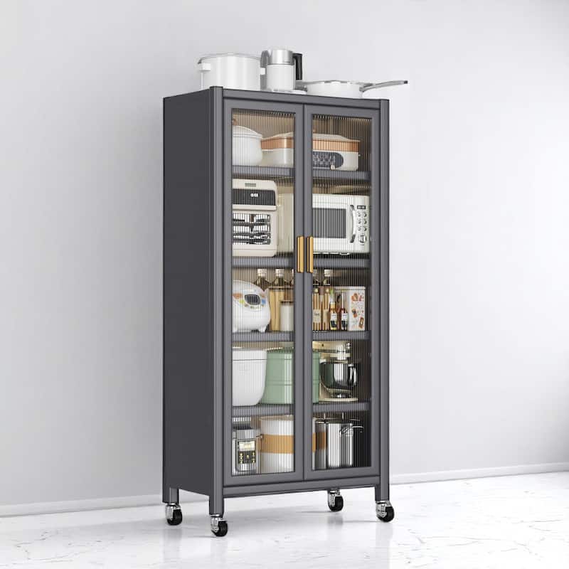 Floor-to-Ceiling Metal Kitchen Pantry Cabinet with Double Doors, Rolling Storage Shelf for Microwave and Bowls - Grey