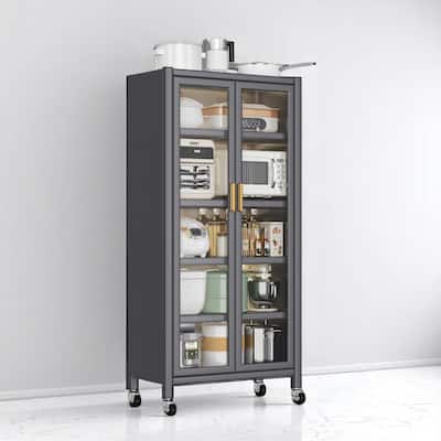 Floor-to-Ceiling Metal Kitchen Pantry Cabinet with Double Doors, Rolling Storage Shelf for Microwave and Bowls
