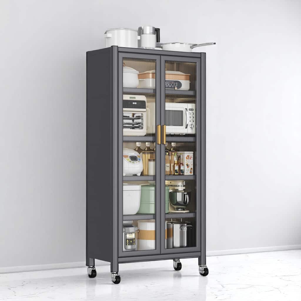 Floor-to-Ceiling Metal Kitchen Pantry Cabinet with Double Doors, Rolling Storage Shelf for Microwave and Bowls