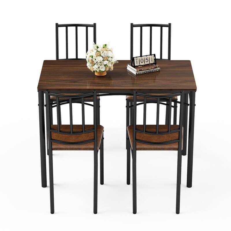5-Piece Dining Set, 43.3" Rectangle Wood Table with 4 Steel Chairs