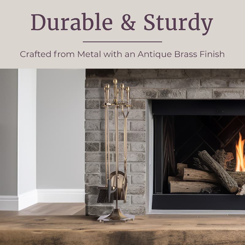 Lavish Home 5pc Indoor/Outdoor Fireplace Tool Set with Stand, Antique Brass