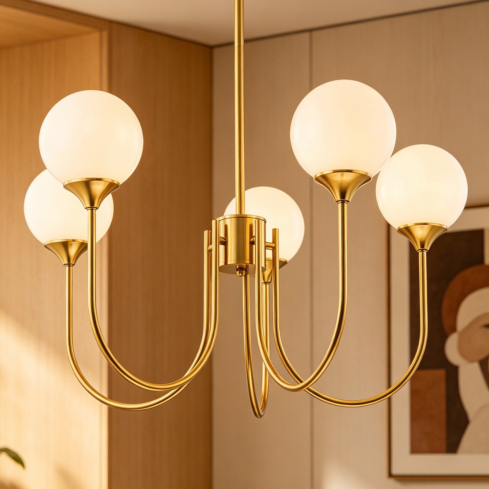 29.5" Mid-Century Modern Vintage Gold Sputnik 5-Light Chandelier with Opal Glass Bubble Shades for Living Room