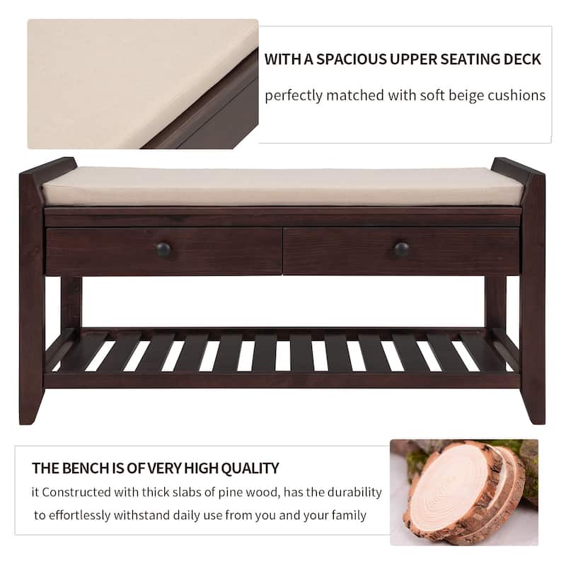Shoe Rack with Cushioned Seat and Drawers, Multipurpose Entryway Storage Bench (White)