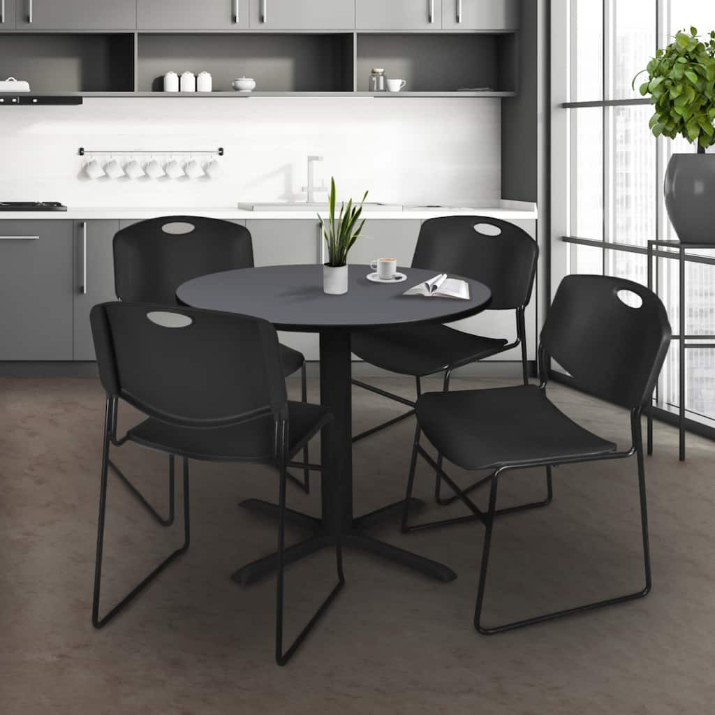 30" Round Breakroom Table- Grey & 4 Stack Chairs- Black - Grey, Black - 30