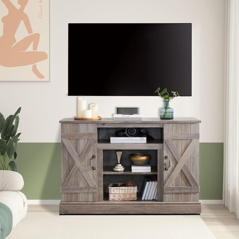 Roomfitters Farmhouse Classic Media TV Stand, Entertainment Console with 18" Electric Fireplace Insert - Grey