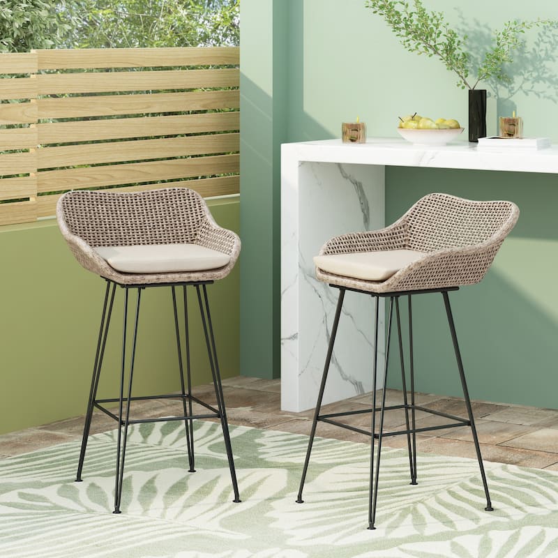 Kevin Outdoor Wicker and Iron Barstool (Set of 2) by Christopher Knight Home - Mix Light Brown/ Black/ Beige