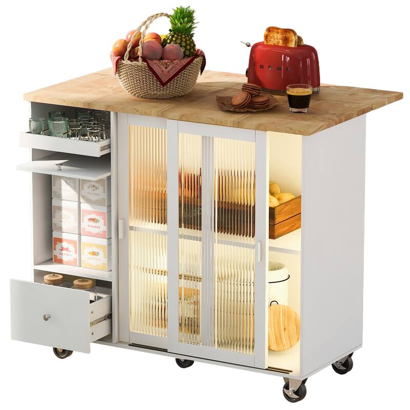 Kitchen Island w/Drop Leaf, LED Light and Adjustable Shelf, Storage Rollers Cart w/Fluted Glass Doors & Flip Cabinet Door