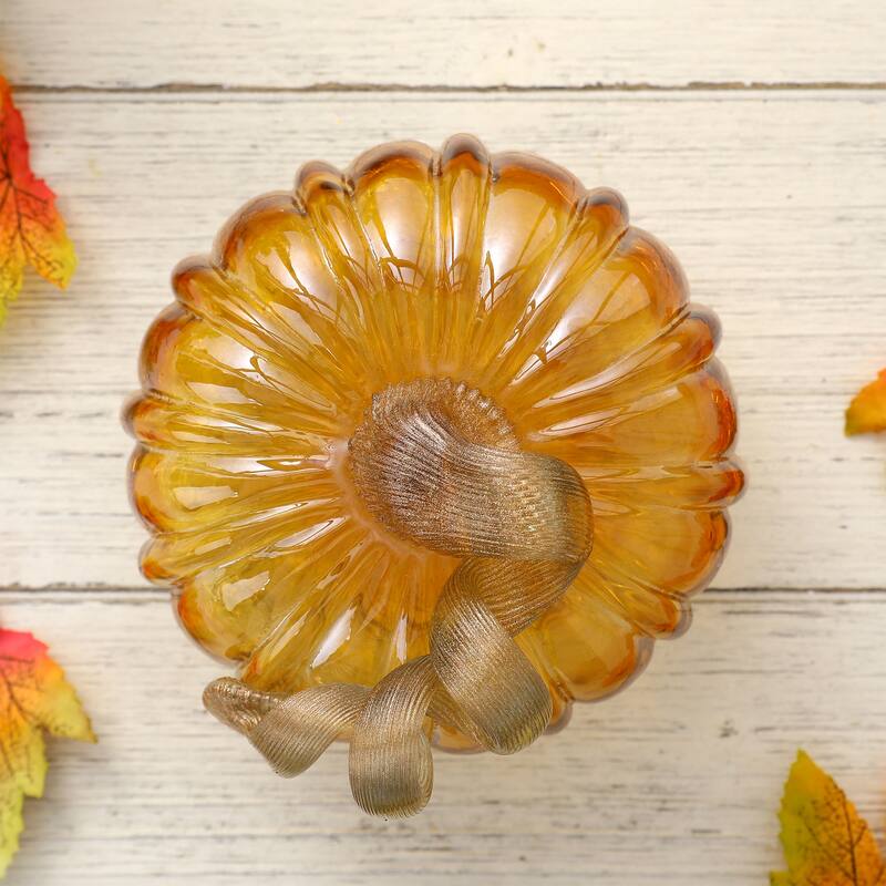 Glitzhome Amber Crackle Handblown Glass Pumpkins for Fall Harvest Decorating