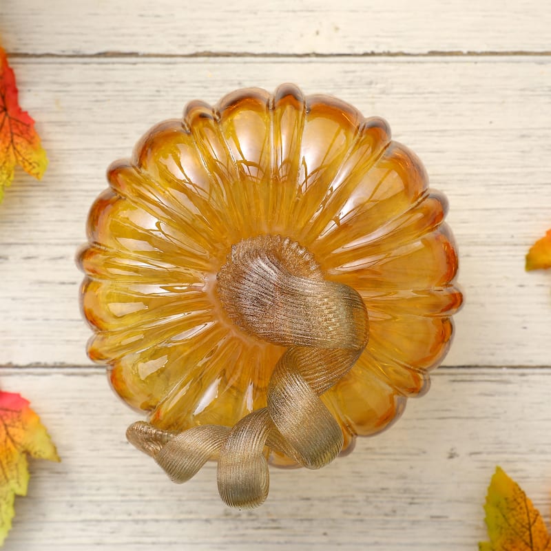 Glitzhome 6"D Green Amber Crackle Hand Blown Glass Pumpkins for Fall Harvest Halloween