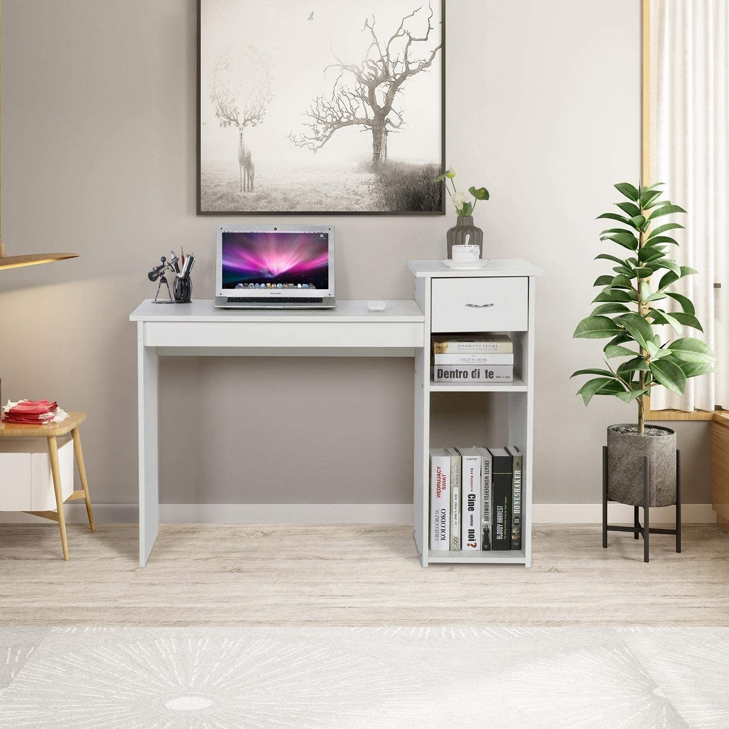 Small White Computer Desk with Drawers and Printer Shelves Wood