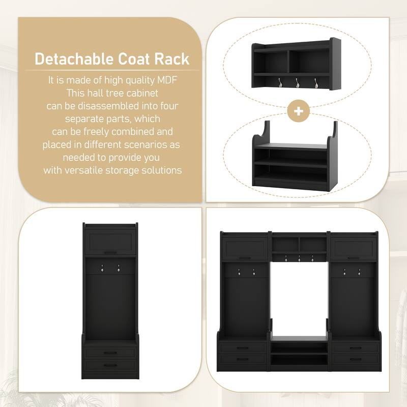 4-in-1 Detachable Hall Tree with Storage, 7 Hooks, Coat Rack, Drawers & Cabinet, Black Shoe Bench for Entryway Hallway