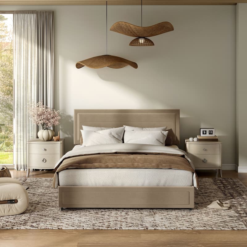 Furniture of America Jacinth Modern Velvet 4-Drawer Queen Storage Platform Bed - Light Brown