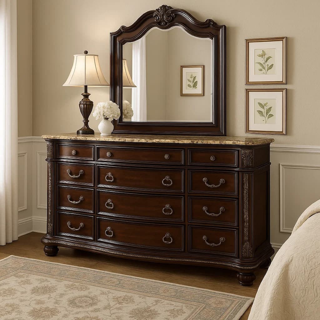 Kera Classic Dresser, 69 Inch, 12 Drawers, Sculpted Cherry Brown Wood