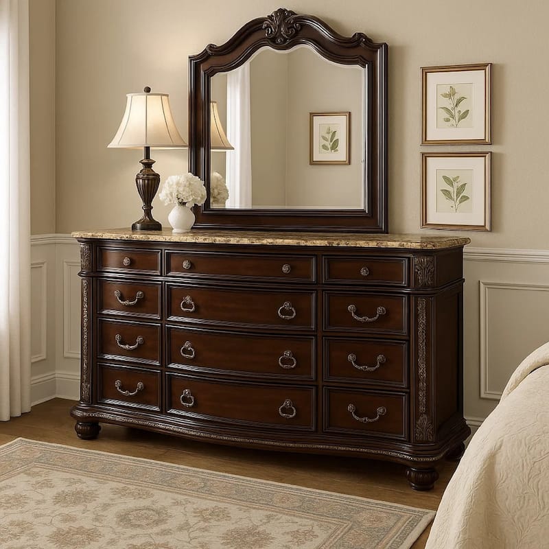 Kera Classic Dresser, 69 Inch, 12 Drawers, Sculpted Cherry Brown Wood