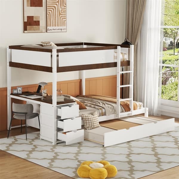 slide 2 of 60, Merax Full/Twin Bunk Bed with Twin size Trundle, Storage and Desk White+Walnut - Full
