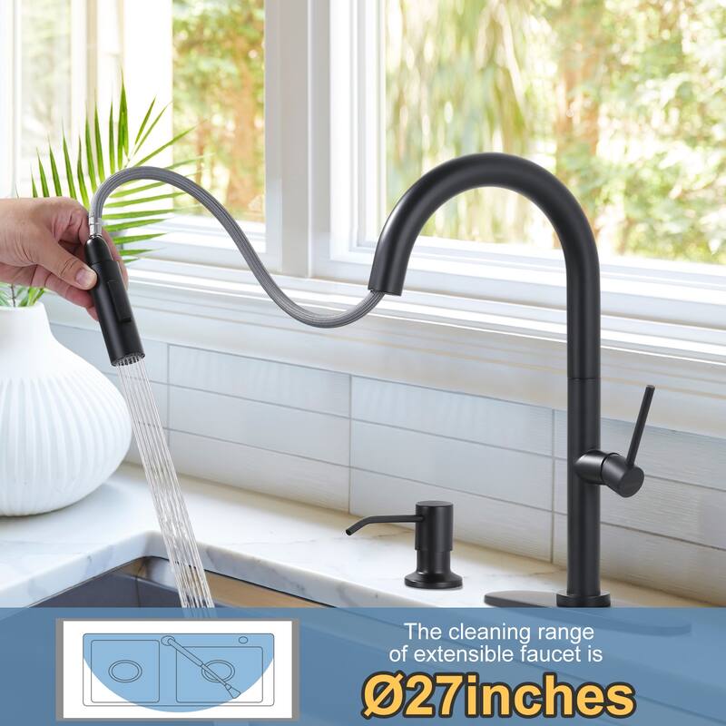 WOWOW Single Handle Pull Down Kitchen Faucet with Soap Dispenser