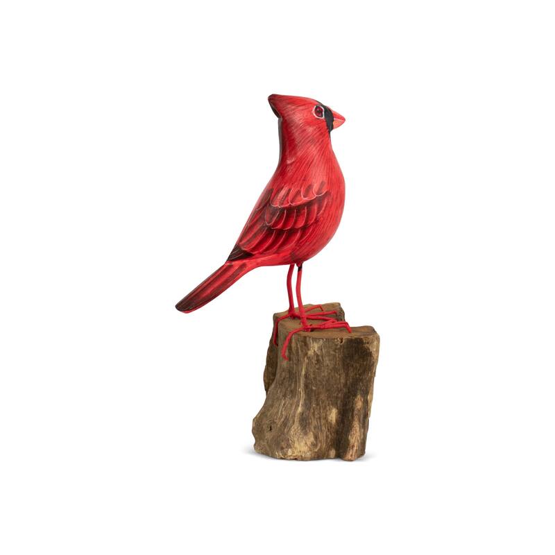 Wood Cardinal Bird Figurine - Hand Carved Red Songbird Sculpture, Rustic Wildlife Decor - 7.5" tall x 3.5" wide x 3" deep