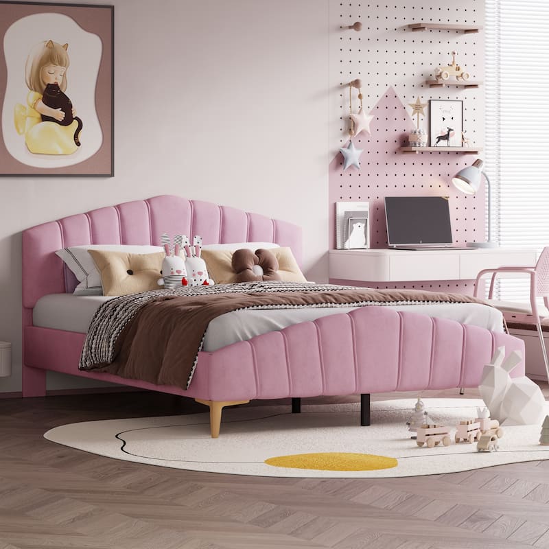 Queen Size Velvet Platform Bed with Thick Fabric