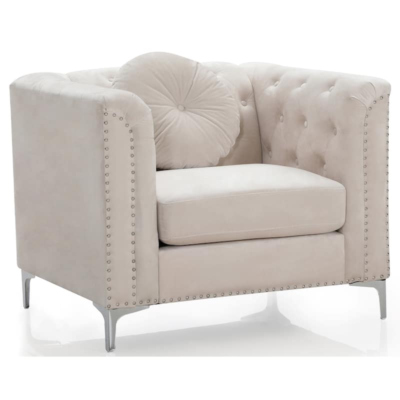 Button Tufted Accent Chair with Throw Pillow - 38" - Beige