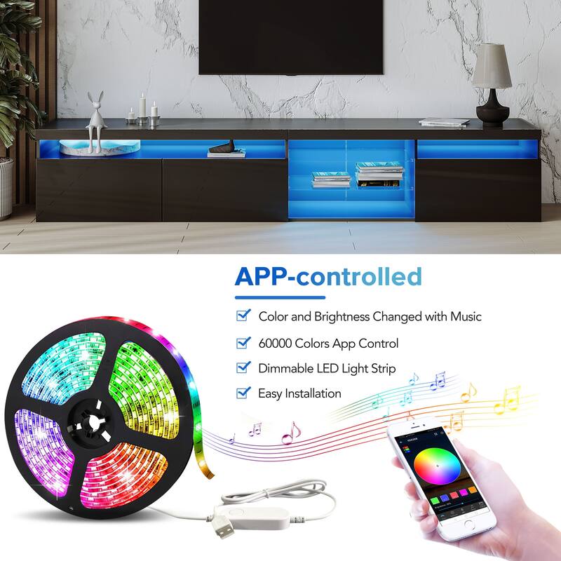 LED TV Stand with Storage Up to 100" TV, Home TV Cabinet with 2 Glass Shelves, Floor Media Console Table for Living Room