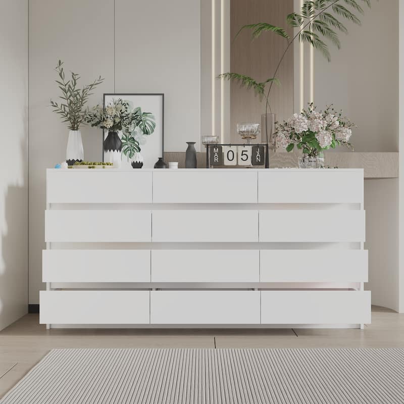 63" Chest of Drawers White Dresser No Handle, Modern 12 Drawer Dresser