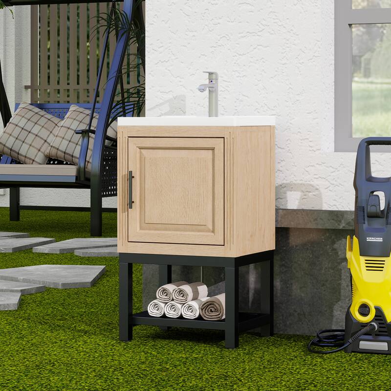 GDFStudio - CompactLine Modern Freestanding Bathroom Vanity with Ceramic Sink and Open Metal Shelf - 20 Inch