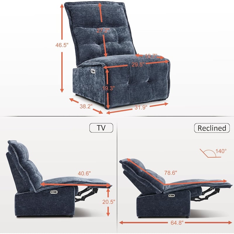 MCombo Armless Power Recliner Chair with USB Ports, 3.5" Wall Clearance Electric Reclining Sofa Chair for Living Room, ALR01