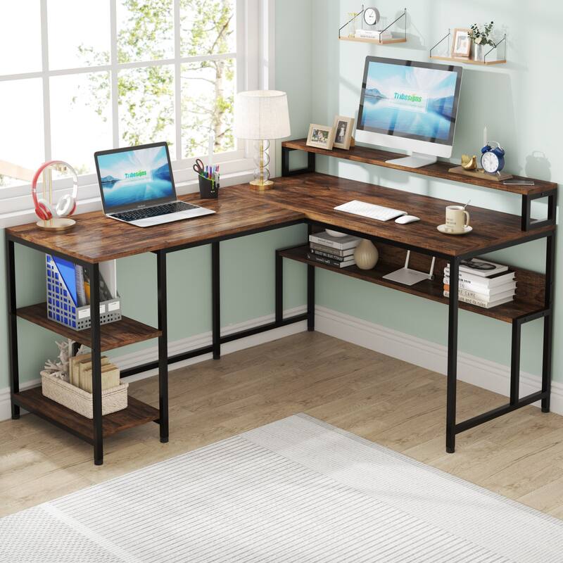 59-Inch Reversible L Shaped Computer Desk with Monitor Shelf - Rustic Brown & Black