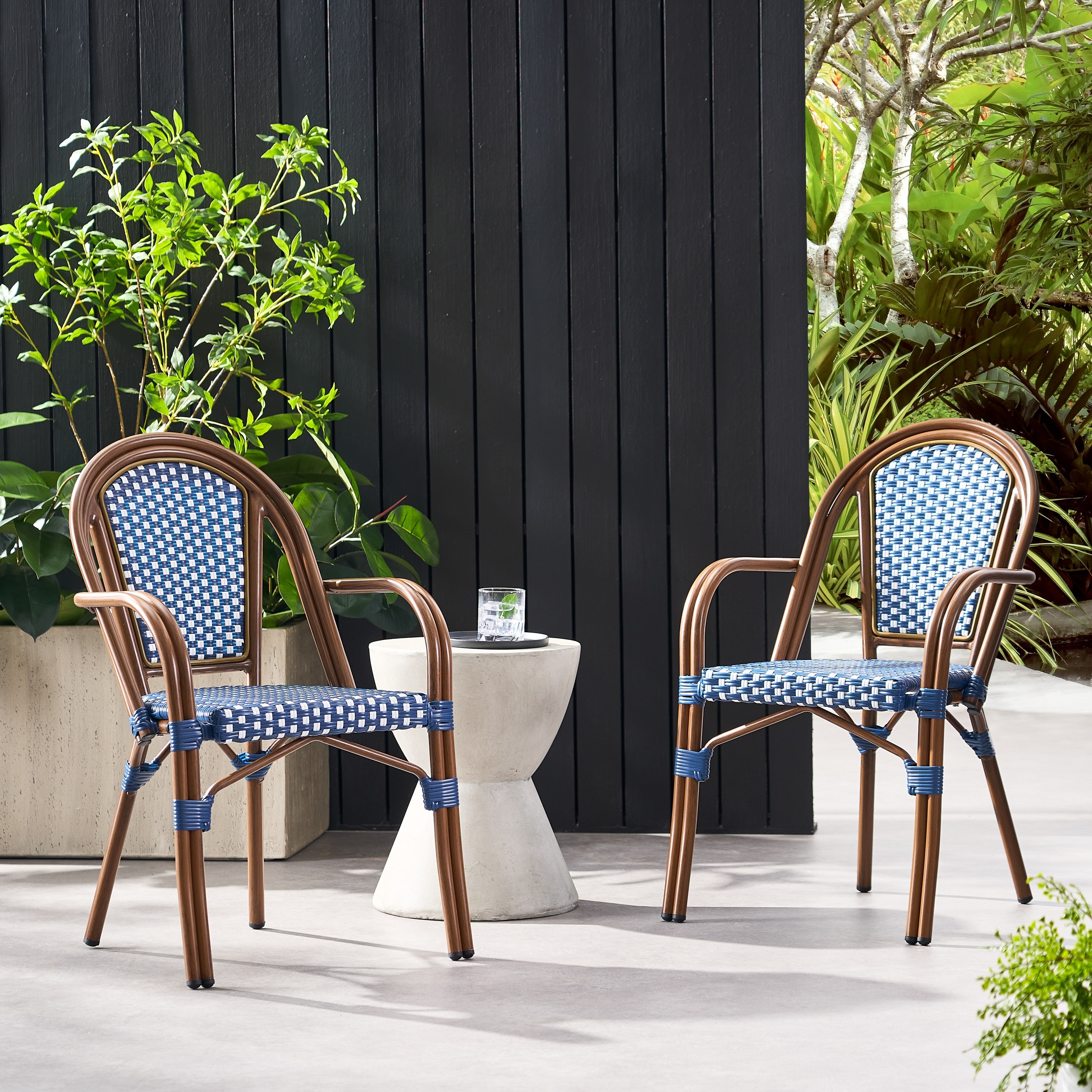 Outdoor Bistro Chair Side Chair Rattan Chair Set of 2 Corner Chair, White Navy Coffee Chair Lounge Chair